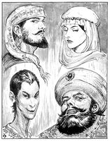 Managers of the Rundeen, from upper left: Kalil yi Tulmon, Nurih yr Catahra al Suhal, Sarsor yi Tashluta, and Bollus of Calimport.