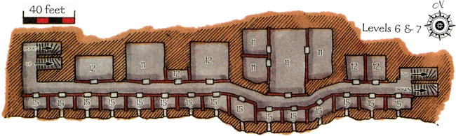Floor plan of the sanitarium levels (six and seven) showing patient's quarters (15), more kitchens and pantries (11), and more privies and baths (12).
