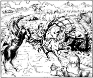 A hungry bulette attacking a horse and its rider.