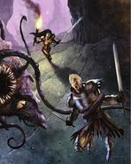 A roper ambushing a pair of adventurers in the Underdark.