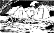 An adventuring company's campsite at night.