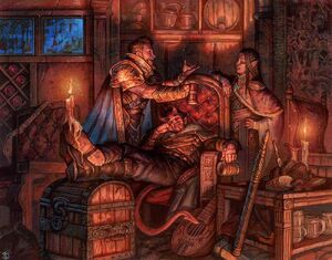 A group of adventurers enjoying a long rest as depicted in Adventures in the Forgotten Realms, by Chris Seaman.