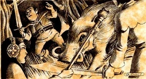 A boar surprises adventurers in the Moonshaes.