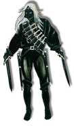 A Vhaeraunan priest wearing a bandolier of daggers.