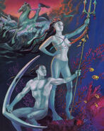 Upper left: A group of tritons riding a hippocampus.