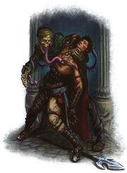 A hapless sorcerer paralyzed by a mohrg licking his nipple and no doubt wishing he'd worn a shirt.