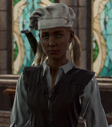 Zastreva, a cook in Baldur's Gate, sporting a chef's toque.