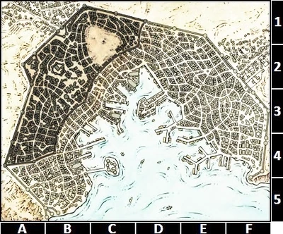 A map of the Upper and Lower Cities of  in . Hovering over the map will reveal named locations. Clicking will link to the article for that location.