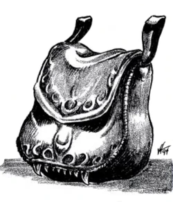 A satchel disguised peltast uses its shapeshifting powers to take on a menacing appearance.