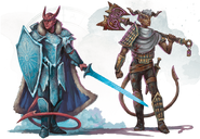 Two tieflings, the one on the left descended from Levistus, the one on the right from Zariel.