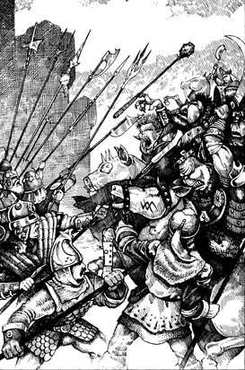 A platoon of soldiers use their polearms to hold back an advancing horde of  on .