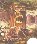 A quickwood attacks a human, as depicted in AD&D Trading Cards.