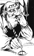 A bespectacled scribe and his trusty inkwell and quill.