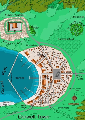 A map showing the town and castle of Caer Corwell.