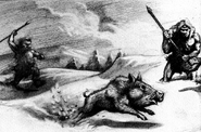 An ancient dire boar gets hunted down by two neanderthals