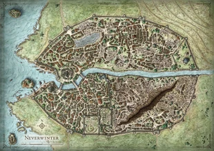 A map of the city of Neverwinter depicting Neverwinter River, from Neverwinter Campaign Guide.