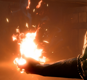 The Zhent wizard Salazon armed with a firebolt, as depicted in Baldur's Gate III.