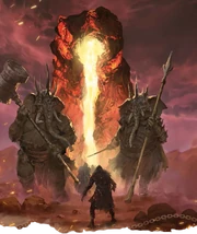 A pair of maelephants guard an important location in the Nine Hells.