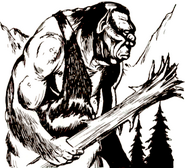 An ogre walks in a pine forest, wielding an uprooted root.