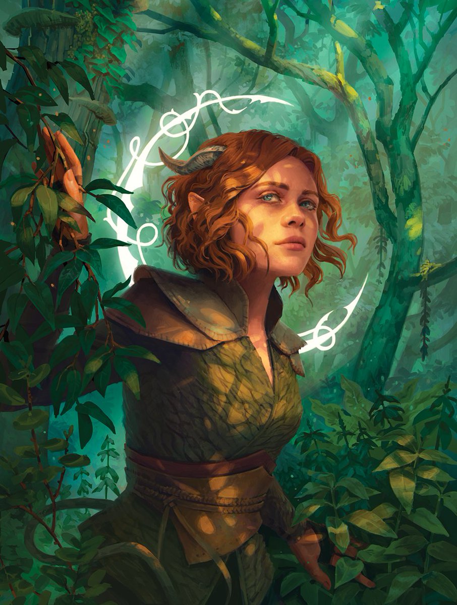 Doric in a forest, with her hand grasping a leafy vine