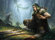 Varis stops to consider the best way to take on a green dragon.