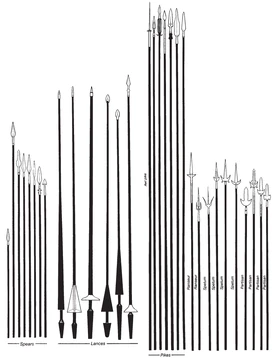 A simple illustration of various specialized  as well as differently shaped standard spears,  and .