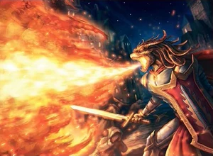 A gold dragonborn follower of , using their fire breath weapon.