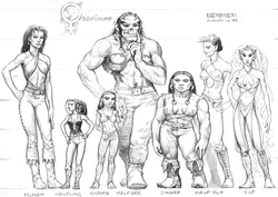 3rd-edition concept art showing a female half-orc and other races with a height chart.