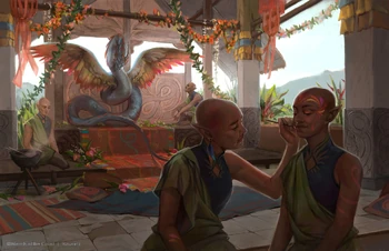 A couatl acting as the patron for a temple.