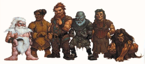 Dwarves of Faerûn. From left: arctic dwarf, gold dwarf, shield dwarf, duergar, urdunnir, and wild dwarf.