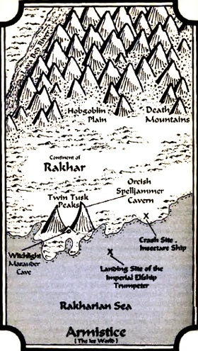 A map of a small portion of the continent of Rakhar, highlighting where key events happened as portrayed in the novel The Radiant Dragon.