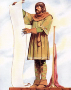 A town crier in Freedale looks over his extensive scroll of the day's announcements.