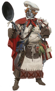 A firbolg dressed in chef's whites, including a chef's toque.