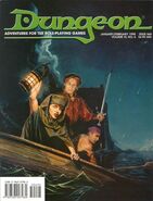 A rowboat drifts in the waters near Immurk's Hold on the cover of Dungeon #66.