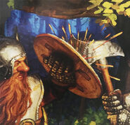 A dwarf using his shield to block his opponent's axe cleave.