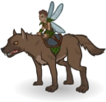 A male sprite rides atop the back of a wild dog, using it as a mount.