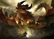 A different tarrasque towering over a different city.