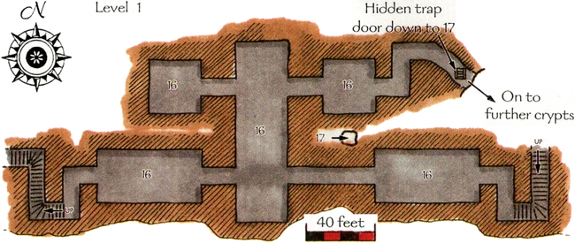 Floor plan of the first level showing the rooms used as crypts (16) and the two access points to the sea caves (17) below the Cloister.