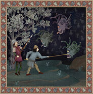 A tapestry depicting valiant heroes battling beholders.