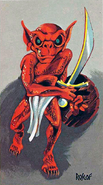 A red kobold approaches with a scimitar and wooden shield, as depicted in AD&D Monster Cards.