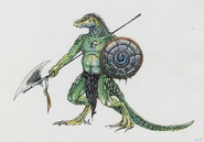 A lizardman stands guard with his trusty halberd.