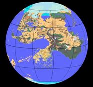 Toril, showing the continents of Faerûn, Zakhara, and Kara-Tur.