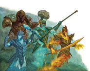 A fire archon stands alongside an earth archon, an ice archon, and a water archon.