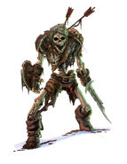A skeleton approaches with a buckler strapped on.