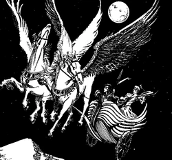 ''Queen Amlaruil's Chariot flies through the sky, pulled by a pair of .