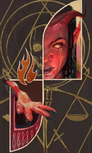 Tiefling Myrkul.jpg (1.12 MB) A stylized image of a tiefling's face over the holy symbol of Myrkul, by Fred Gissubel.