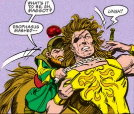 Onyx throttles the leader of the bounty seekers from behind with his chain.