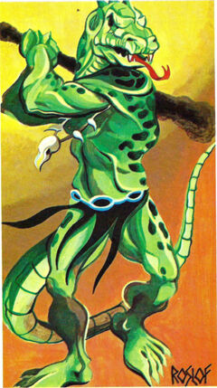 A depiction of a lizardfolk from the 1st edition accessory AD&D Monster Cards.