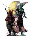 From left to right, a hound archon, a lantern archon, and a planetar.