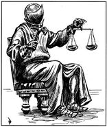 One of the Scales of Tyr sits holding a scale.